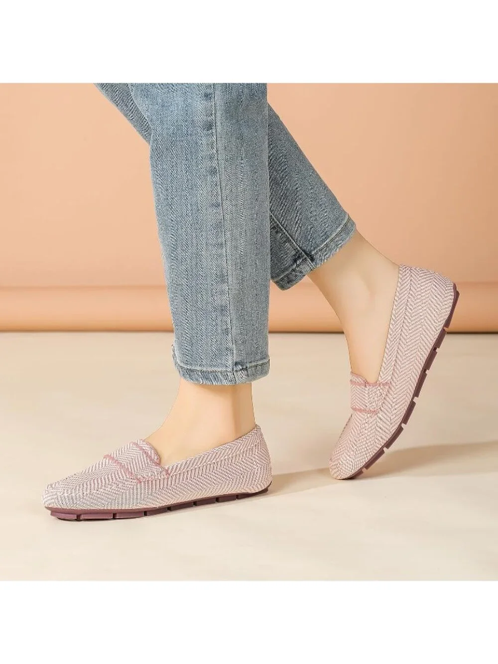 🆕Women's Pink Stripe Mesh fabric Loafer Shoes Comfortable Casual Flat Shoes